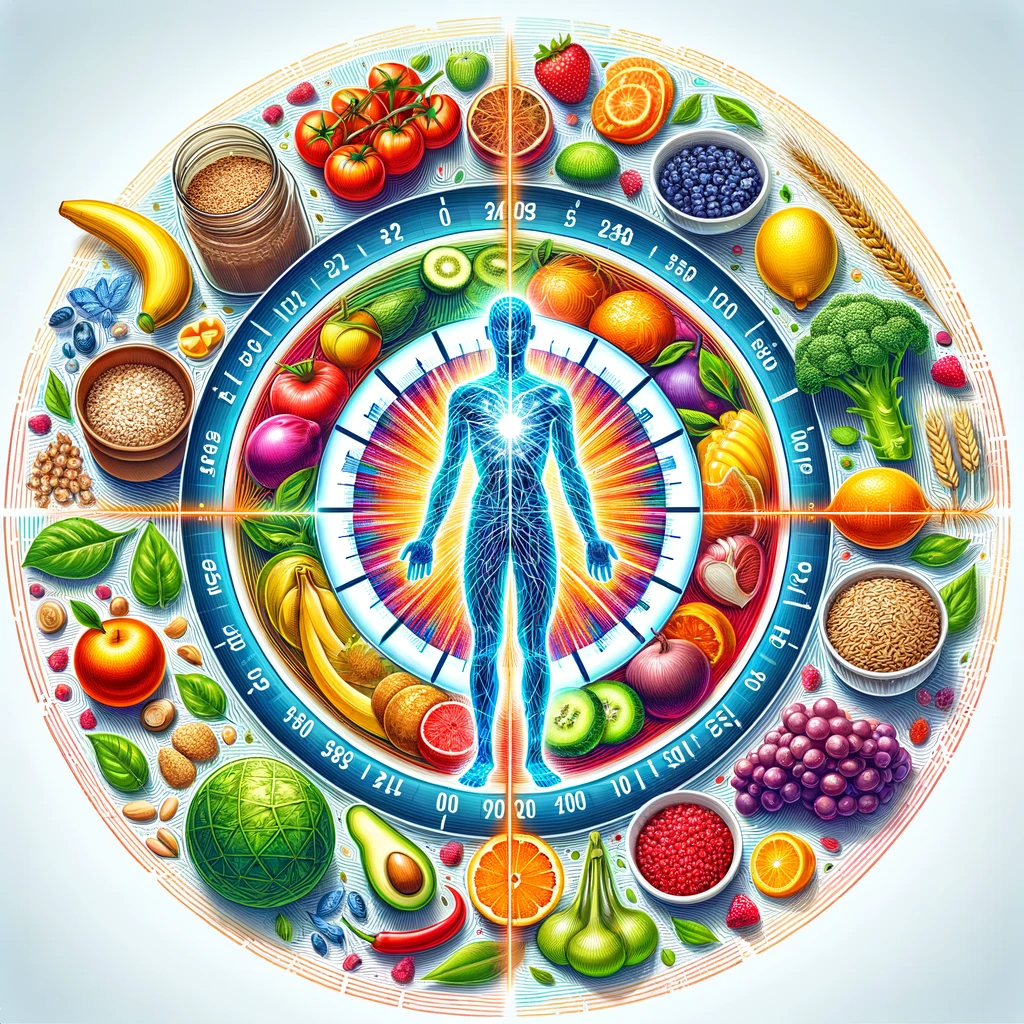 Vivid, detailed illustration depicting the concept of intermittent fasting with a circular chart that resembles a clock, segmented into fasting and eating windows. At the center stands a radiant human silhouette with an energy glow, symbolizing vitality. The 'eating' section is abundantly filled with wholesome foods like fruits, vegetables, grains, and nuts, arranged in a colorful and nutritious spectrum. The 'fasting' section appears empty, suggesting abstention from food. This visual metaphor emphasizes the cyclical nature of intermittent fasting and its focus on timed nutrition for health benefits.