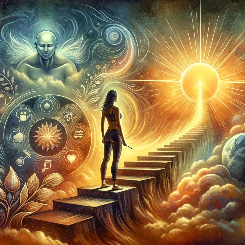 Artistic interpretation of the essence of intermittent fasting, featuring a woman standing at the base of a staircase ascending towards a radiant sun, symbolizing enlightenment and the journey towards better health. The background merges a mystical sky with swirling clouds and a serene, meditative face floating above, indicating a state of inner peace and contemplation. A circular motif filled with icons such as tea, fruit, a heart, and a musical note suggests lifestyle balance and the holistic benefits of fasting. The overall imagery evokes a sense of spiritual and physical ascension associated with disciplined eating practices.